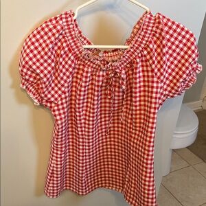Belle Poque Red Gingham Puff-Sleeve Peasant Top - Women's